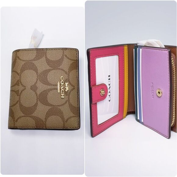 COACH C3771 Snap Wallet In Signature Canvas With Rainbow Colorblock Interior NWT - Picture 1 of 11